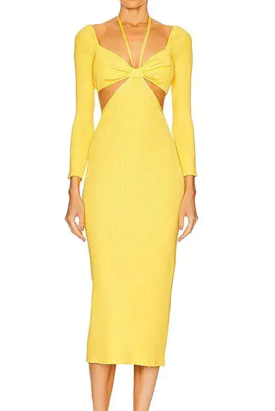Cult Gaia Ribbed Yellow Enzo Midi Dress Size S